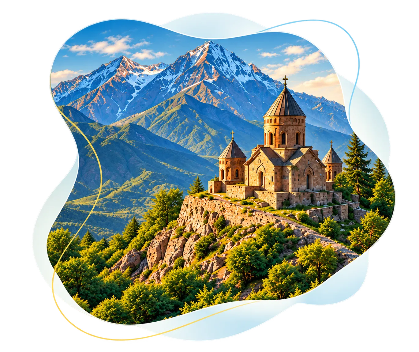 Armenian monastery on a sunlit ridge above golden mountains
