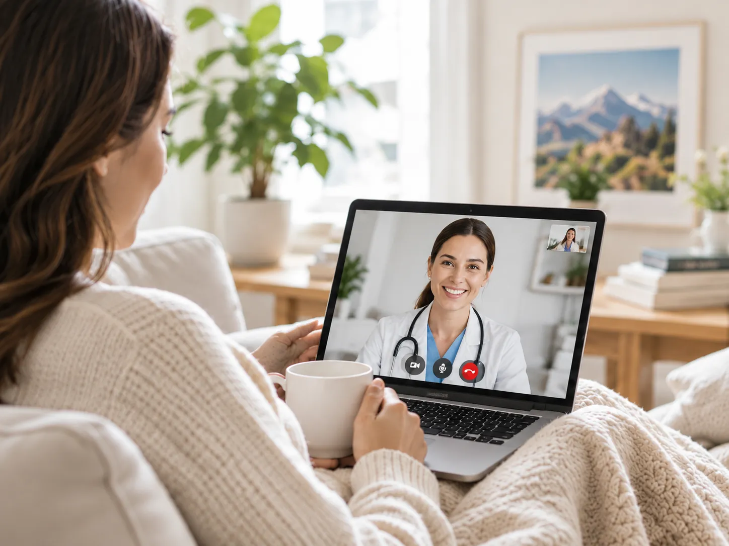 A patient at home on a video call after treatment